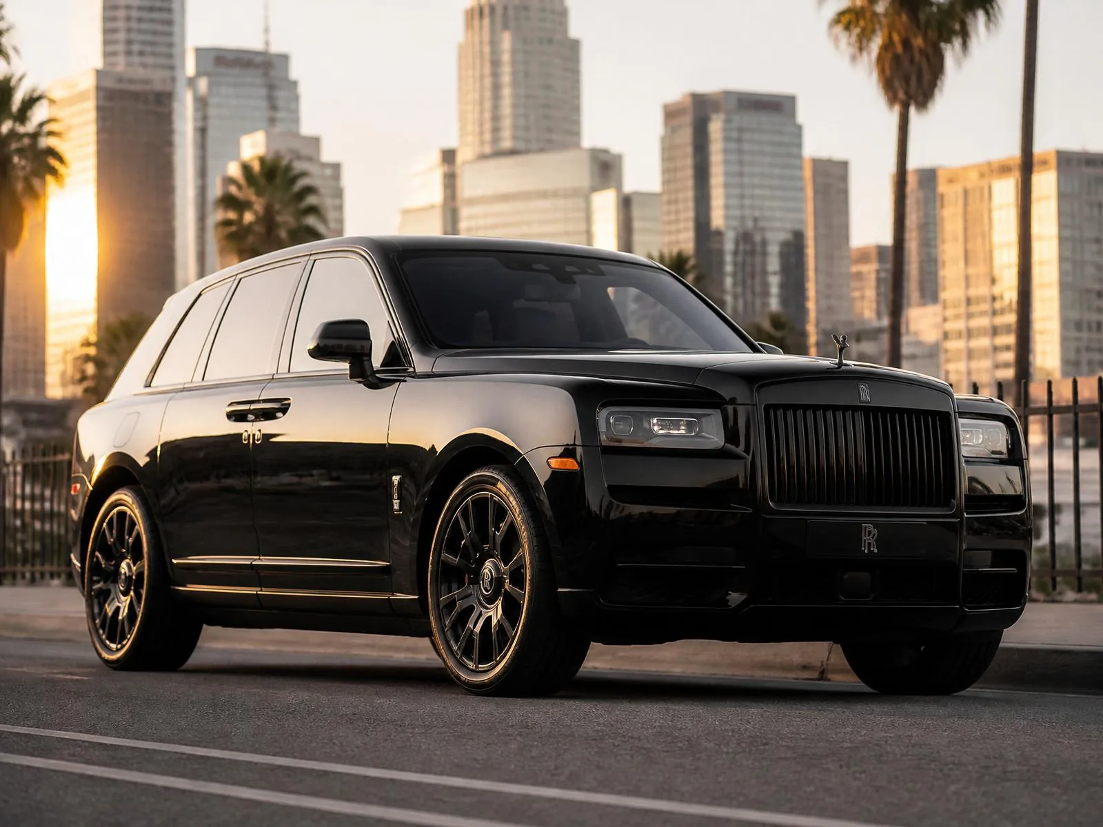 Rolls-Royce Cullinan Black Badge in downtown Los Angeles at golden hour