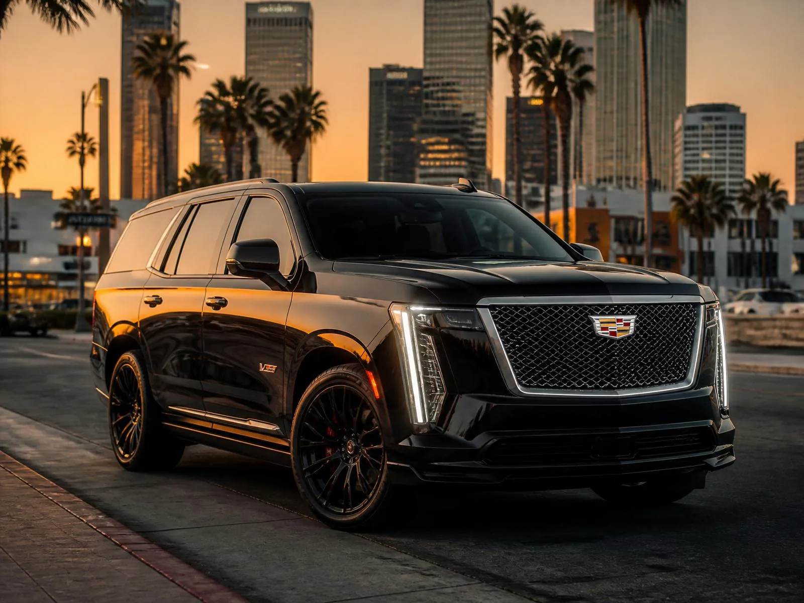 Black 2025 Cadillac Escalade V-Series in downtown Los Angeles at golden hour