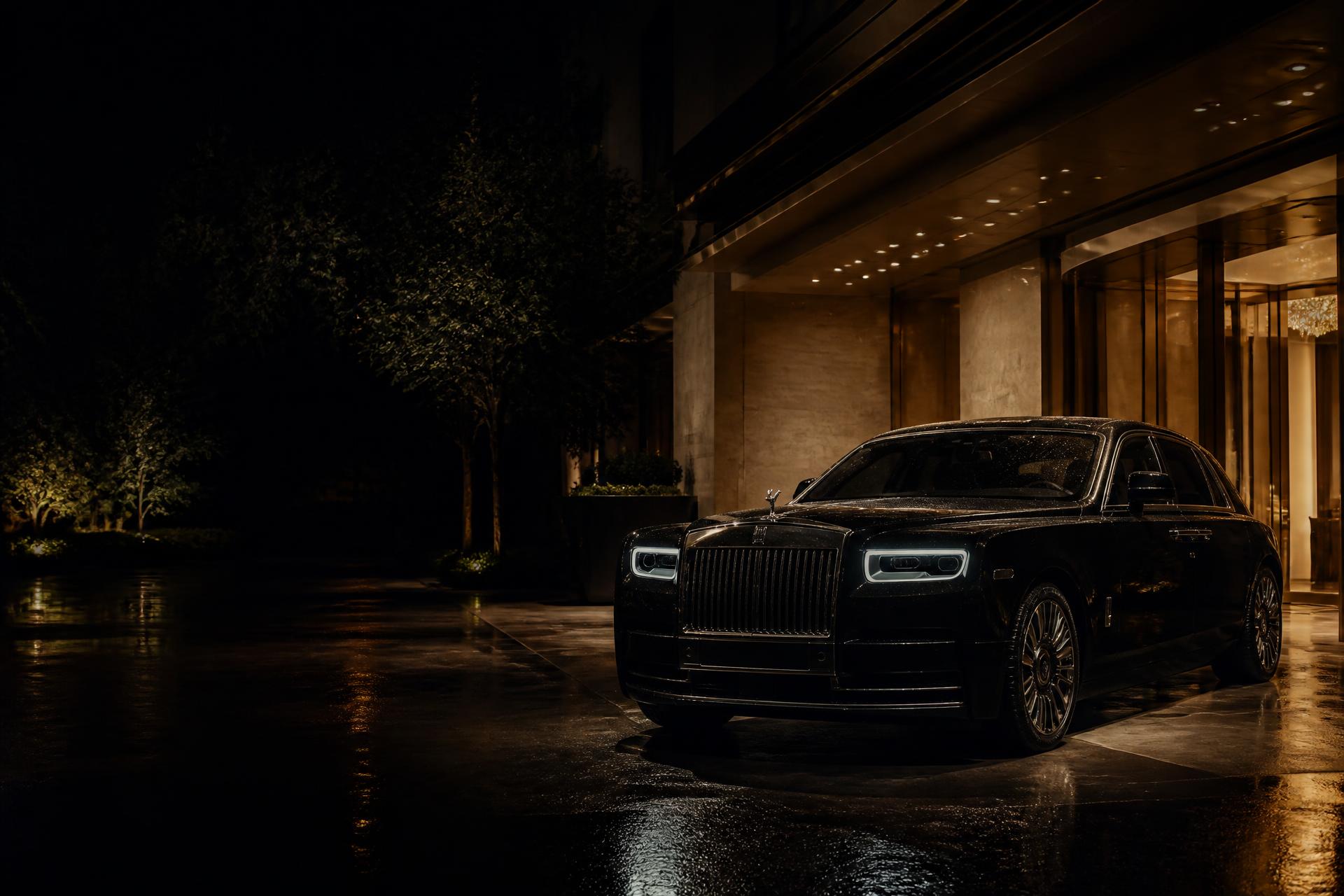 Black 2023 Rolls-Royce Phantom at a luxury hotel entrance at night